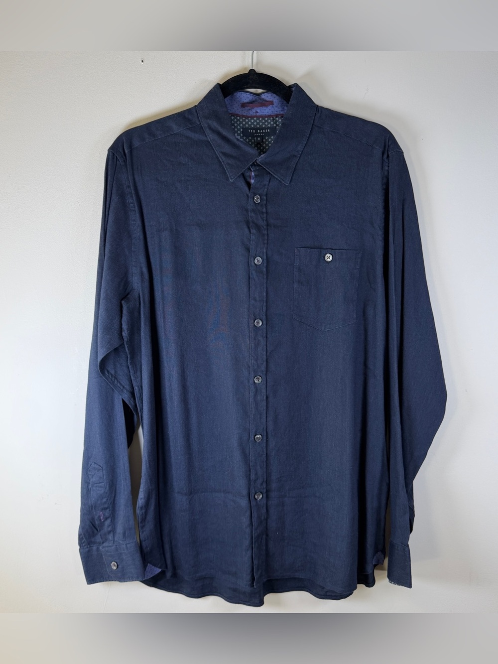 Ted‎ Baker Long Sleeve Linen Viscose Button-Down Contrast Cuff Shirt Sz 5(XL)